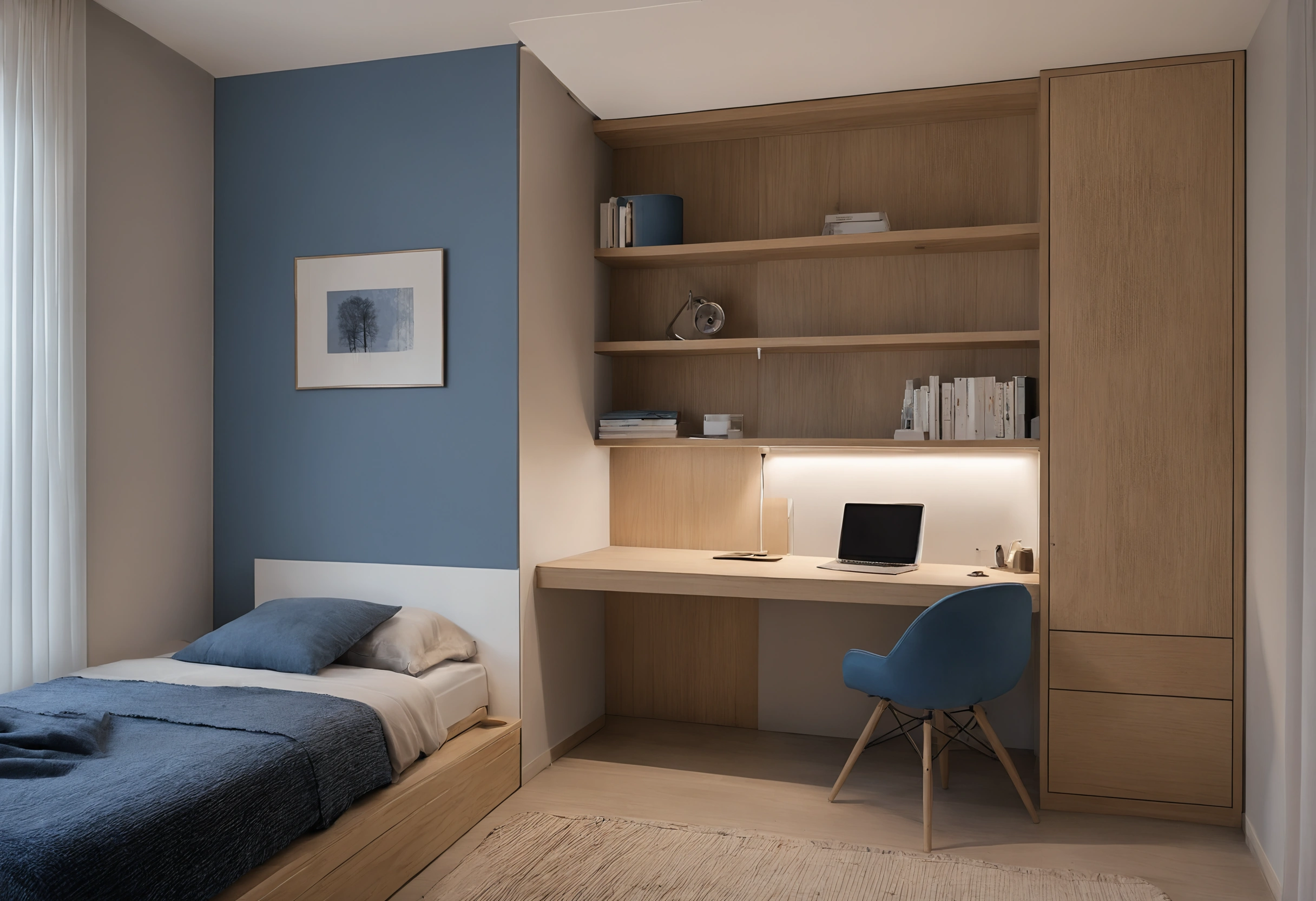 Compact Dubai studio apartment with a single bed, a desk niche under oak shelving with a lit strip, a blue chair and a tall wardrobe