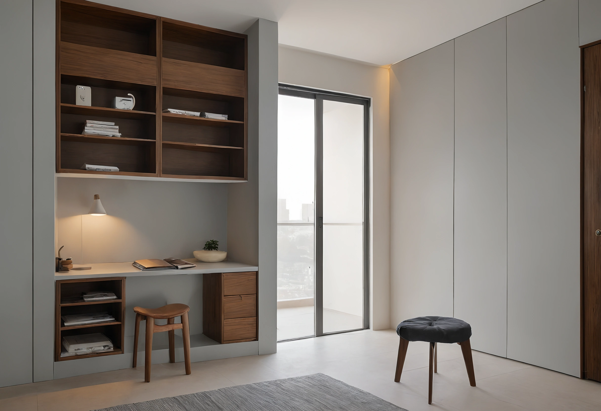 Floor-to-ceiling grey storage cupboards and a walnut desk niche with open shelving beside a balcony door in a compact studio